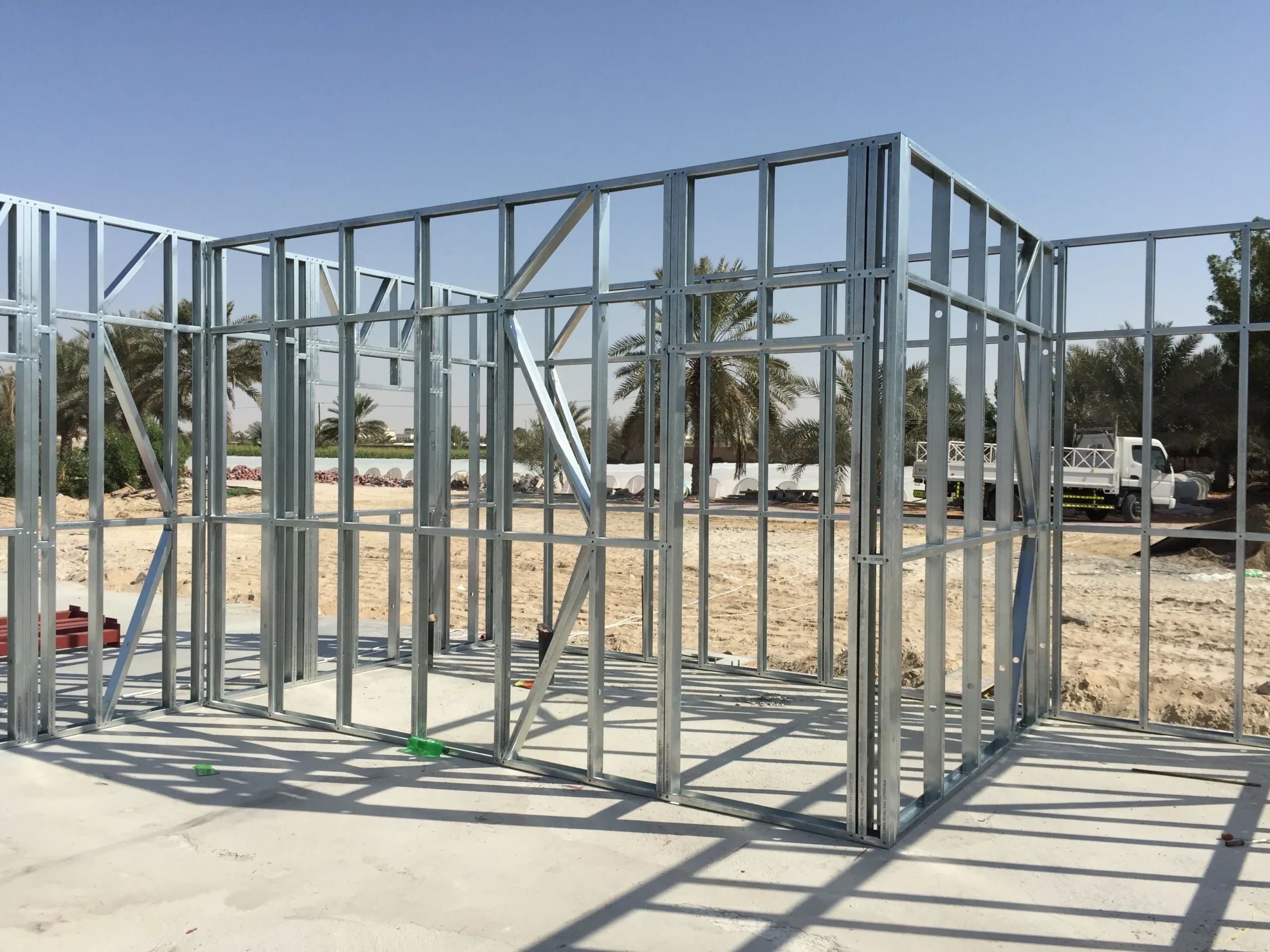 A look at wall frames made from Light Gauge Steel in place at a construction site.